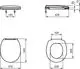 Weißer WC-Sitz von Ideal Standard mit ovaler Form. Maßzeichnungen zeigen die Ansicht von oben, von der Seite und die Abmessungen des Sitzes.